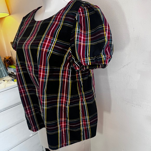 J.Crew Re-Imagined Plaid Puff Sleeve Blouse XL Black Red Holiday Back Tie Top - Picture 3 of 11